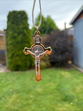 Gold-Tone Crucifix Pendant with Saint Benedict Medal